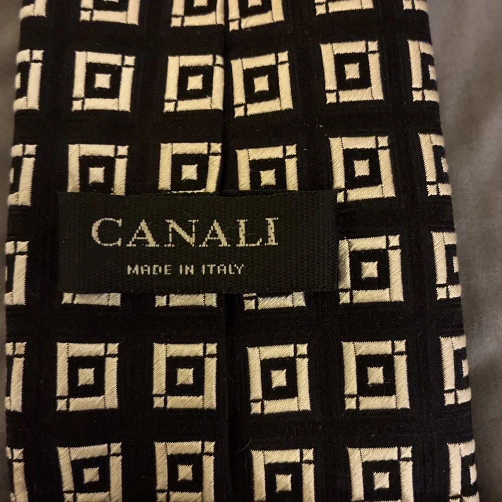 Canali 100% Silk Brown White Black Abstract Sq Men's Dress Tie Made In Italy EUC